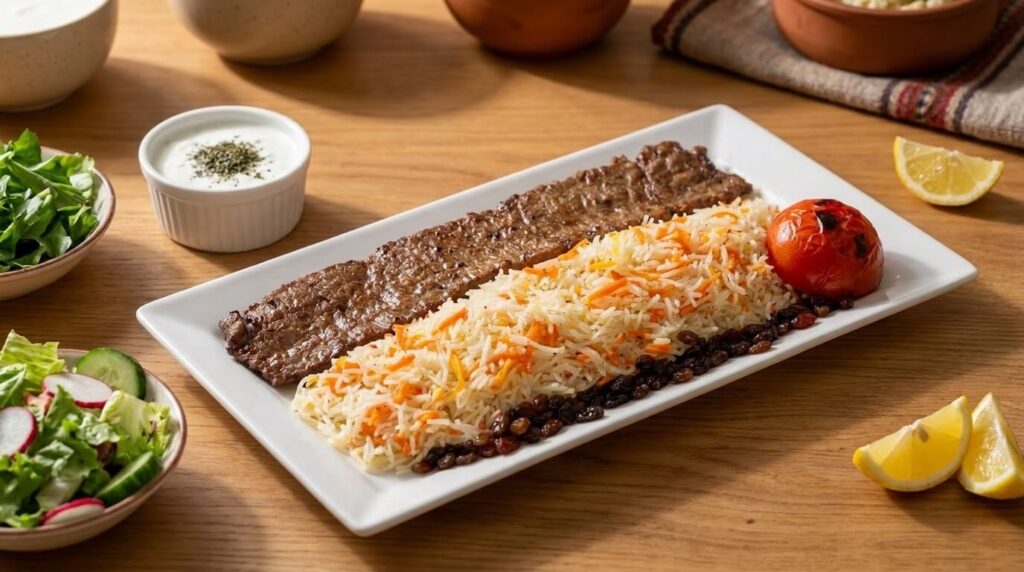 Barg kebab with rice, yogurt, salad and lemon at Lalezar KL