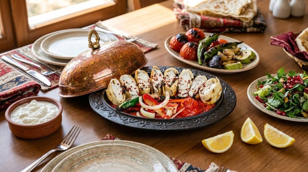 Beyti kebab with garlic yogurt, salad and grilled vegetables at Lalezar KL