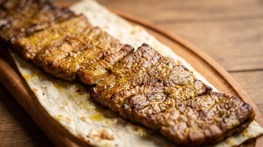 Close-up of tender grilled barg kebab fillet at Lalezar