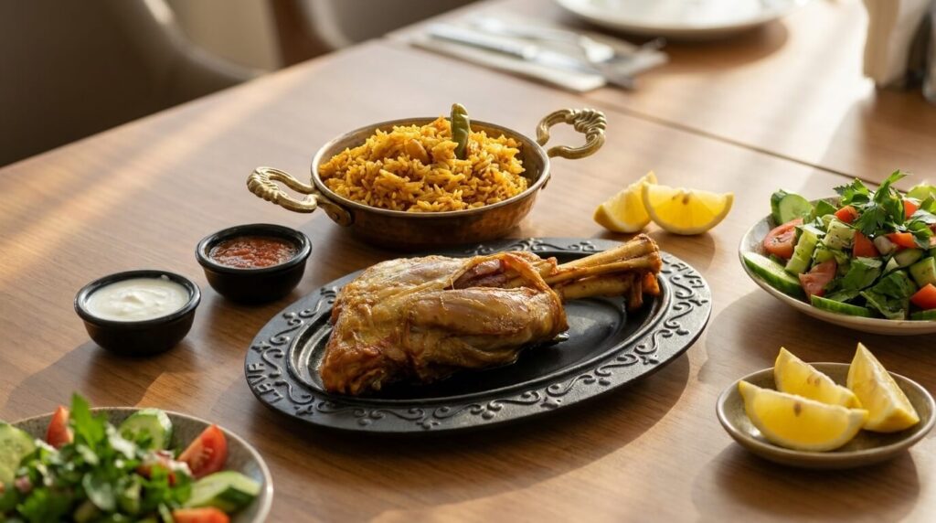 Lamb shank kabsa with yogurt, tomato sauce, salad and lemon at Lalezar KL