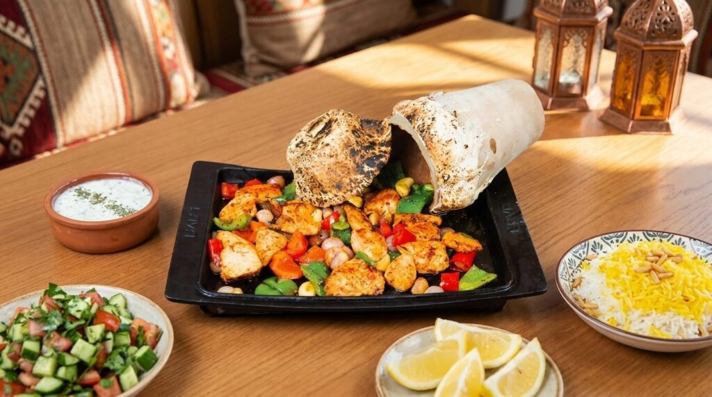 Testi kebab clay-jug dish with rice, salad and yogurt at Lalezar KL