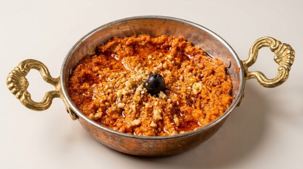 Bowl of muhammara topped with walnuts and olive oil