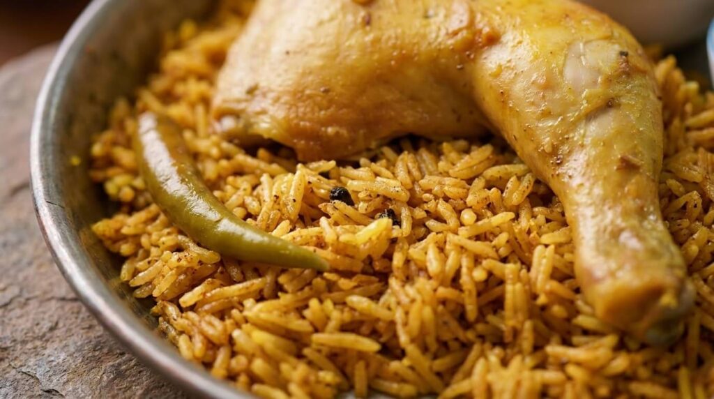 Close-up of chicken kabsa rice at Lalezar