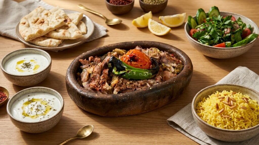 Kuzu tandir with rice, bread, yogurt and salad at Lalezar KL