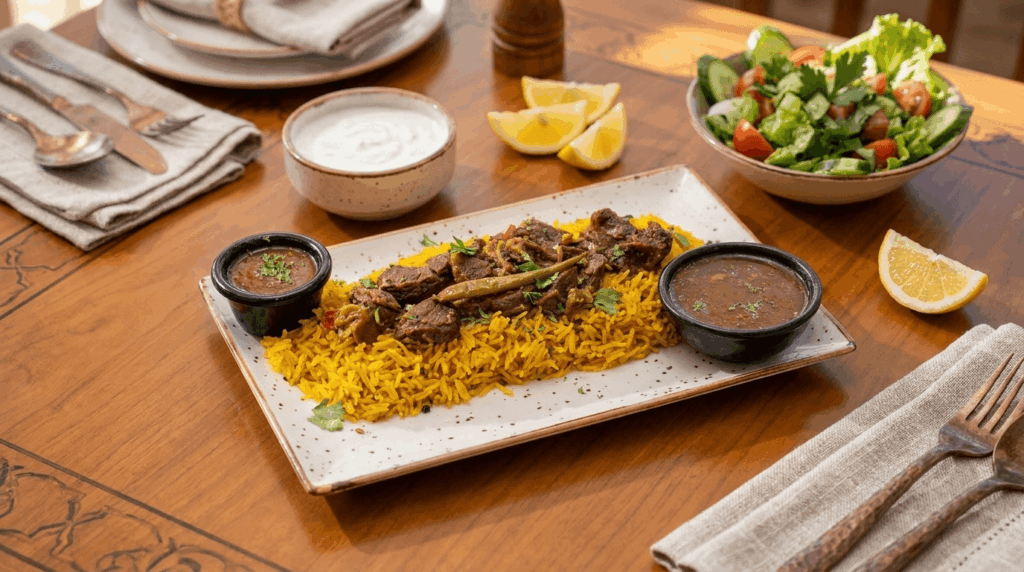 Lamb mandi rice with yogurt, salad and lemon at Lalezar Kuala Lumpur