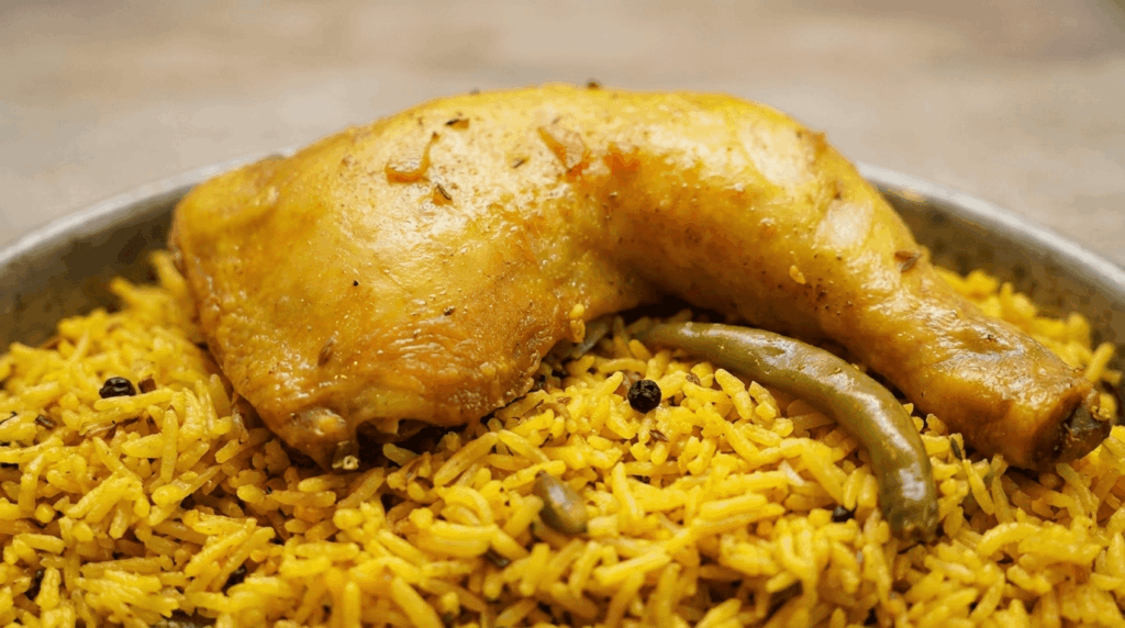 Close-up of fluffy mandi rice and tender chicken at Lalezar