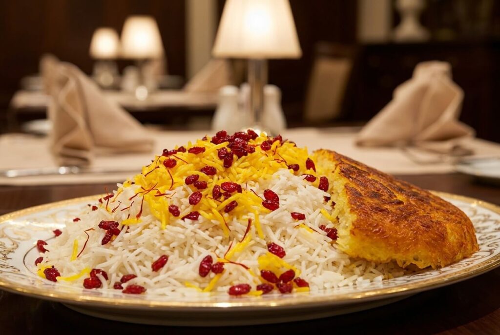 Persian saffron rice with barberries and tahdig at Lalezar