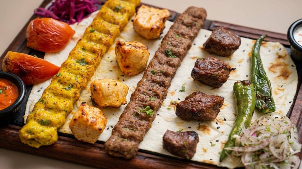 Assorted charcoal-grilled kebabs on a mixed grill
