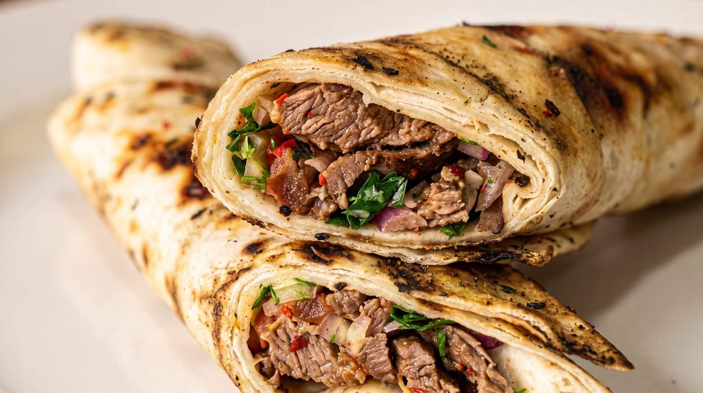 Close-up of beef shawarma wrap filling