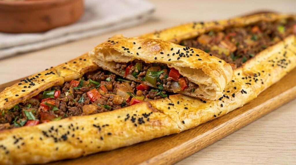 Close-up of boat-shaped Turkish pide