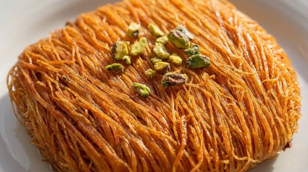 Close-up of crispy shredded kunafa pastry
