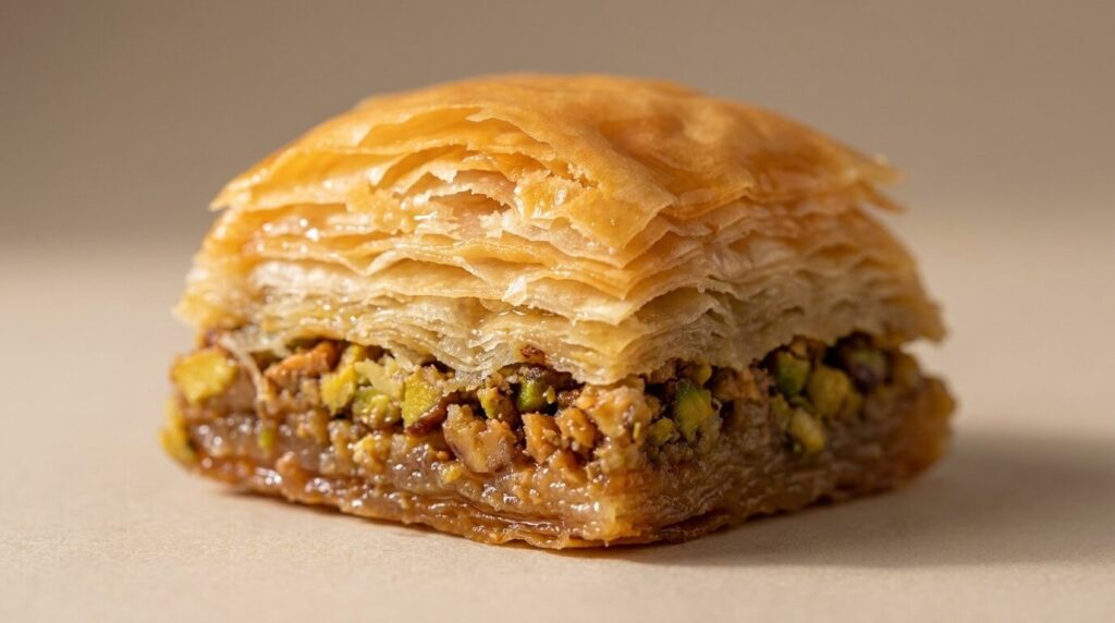 Close-up of layered filo baklava with pistachio
