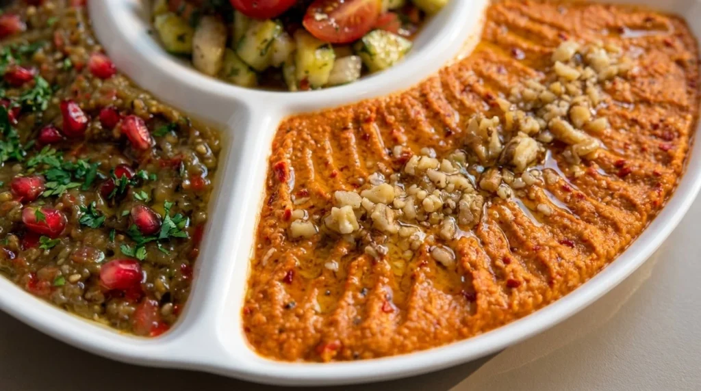 Close-up of muhammara and baba ghanoush mezze