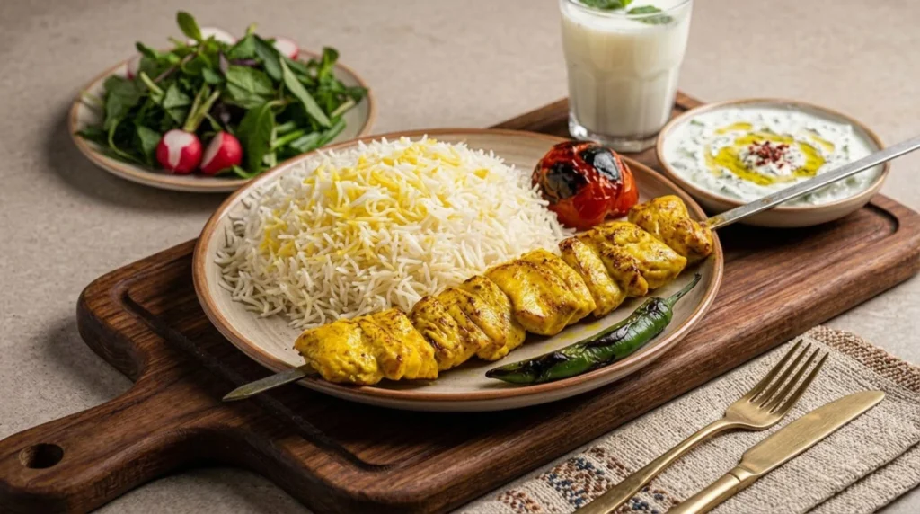 Joojeh kebab served with saffron rice