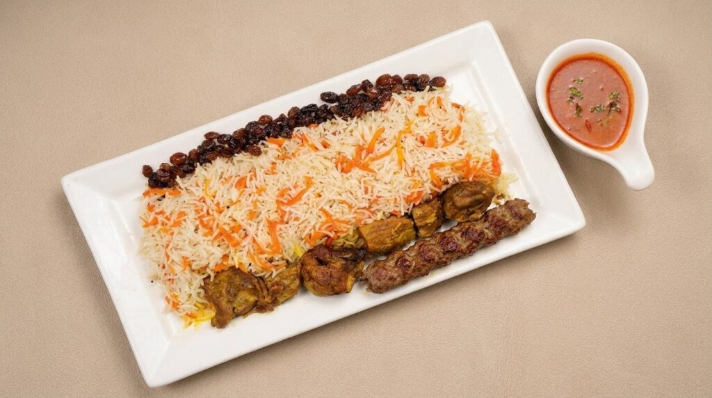 Kabuli pulao served with kebab
