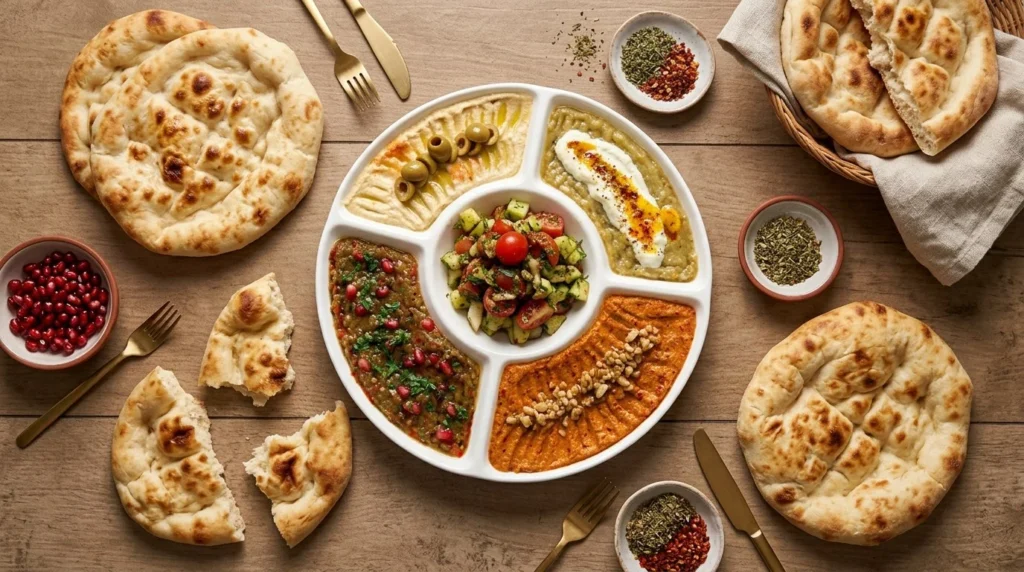 Mezze spread with warm Turkish bread
