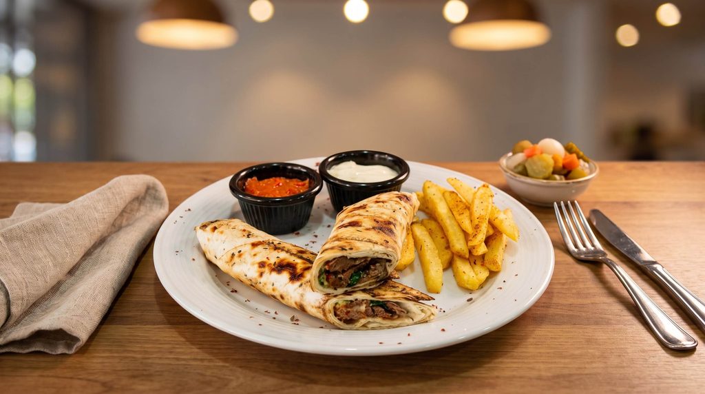 Shawarma served with fries and dips