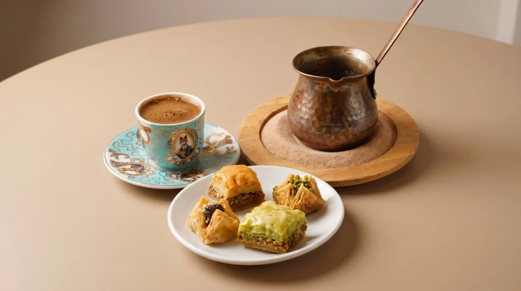 Turkish coffee served with baklava