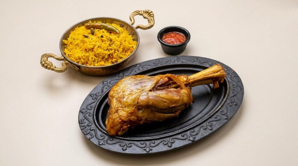 Turkish lamb shank served with fragrant rice