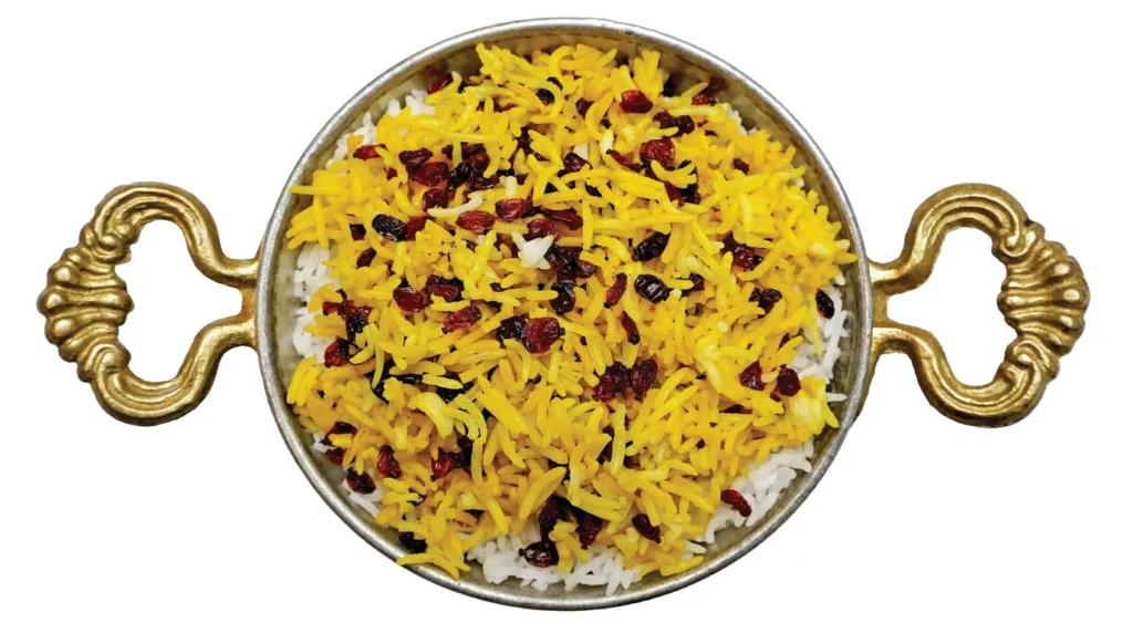Barberry rice topped with barberries at Lalezar
