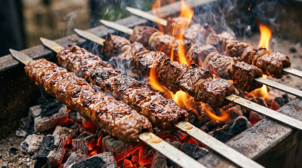 Kebabs grilling on charcoal skewers