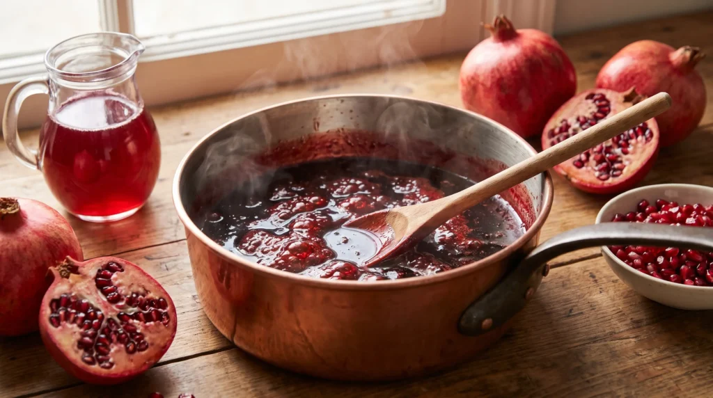 Pomegranate molasses reducing in a pot