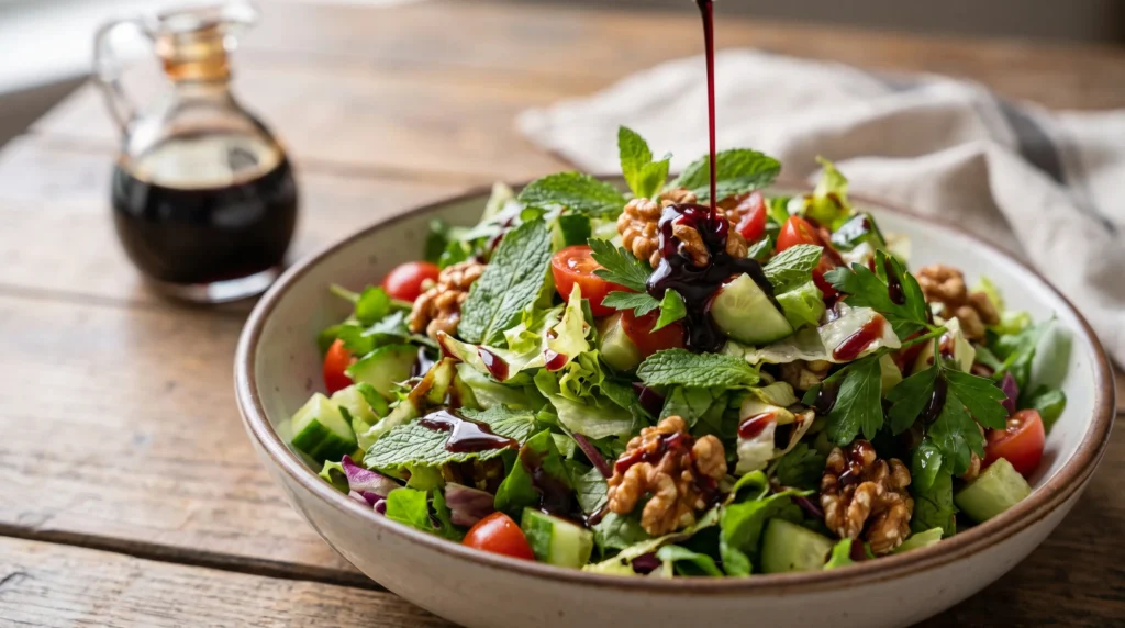 Pomegranate molasses drizzled over salad at Lalezar