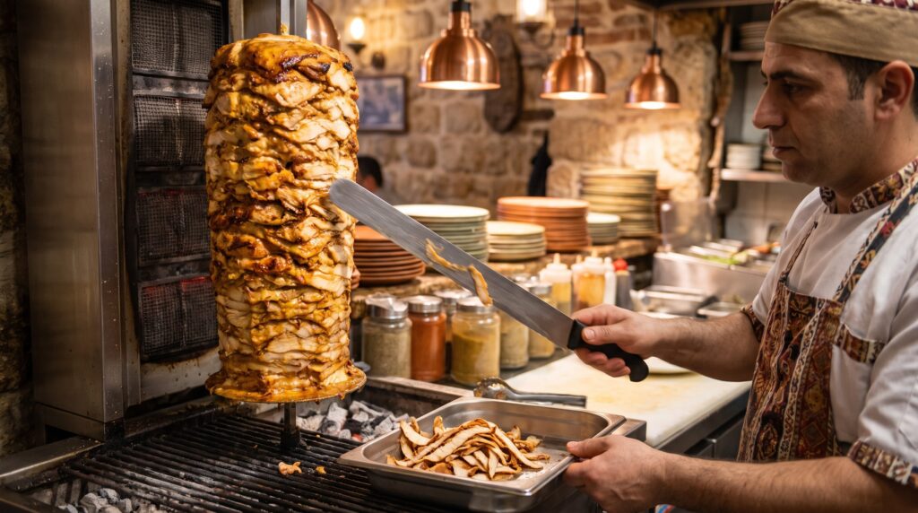 Shawarma on a vertical rotisserie spit