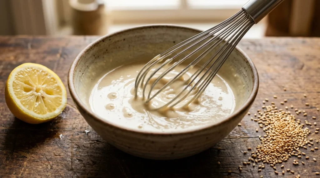Tahini sauce whisked with lemon and garlic