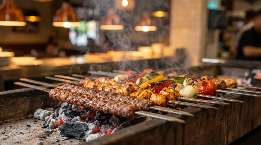 Turkish kebabs grilling over charcoal at Lalezar Kuala Lumpur