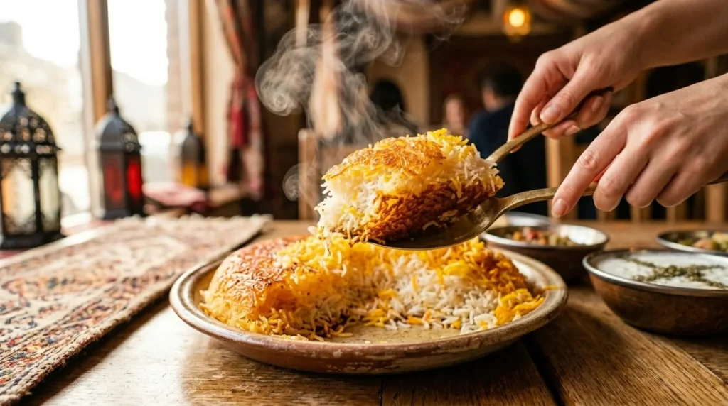 Golden crispy tahdig rice crust at Lalezar Kuala Lumpur